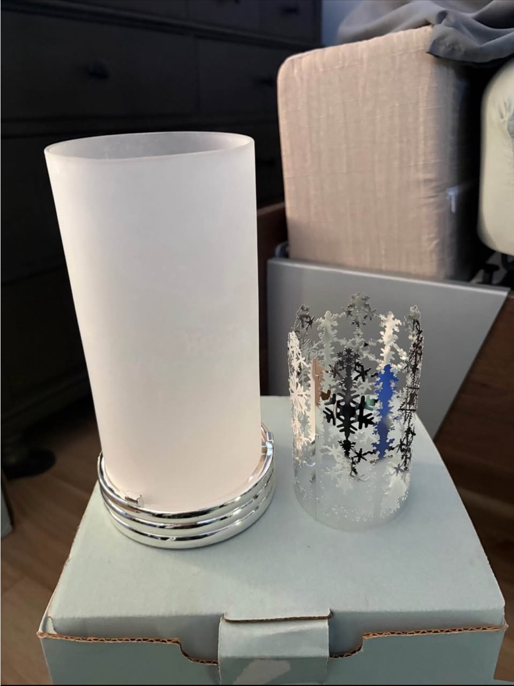 PartyLite Frosted White Glass Pillar Holder with Silver Snowflake Sleeve